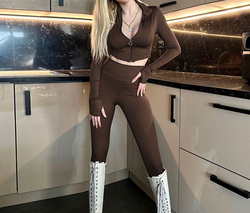 SugaSaurus - Set: Lange mouwen, effen crop top met rits + legging
