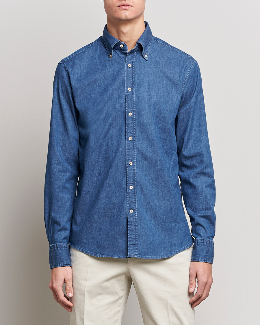 Stenströms Fitted Body Button Down Garment Washed Shirt Mid Blue Denim