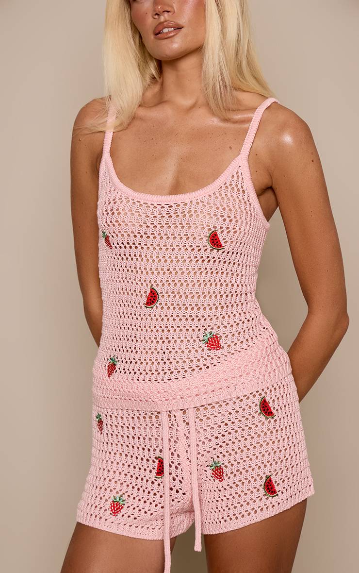 Rose Short En Crochet Tricoté Avec Détail Broderie Et Cordon De Serrage
