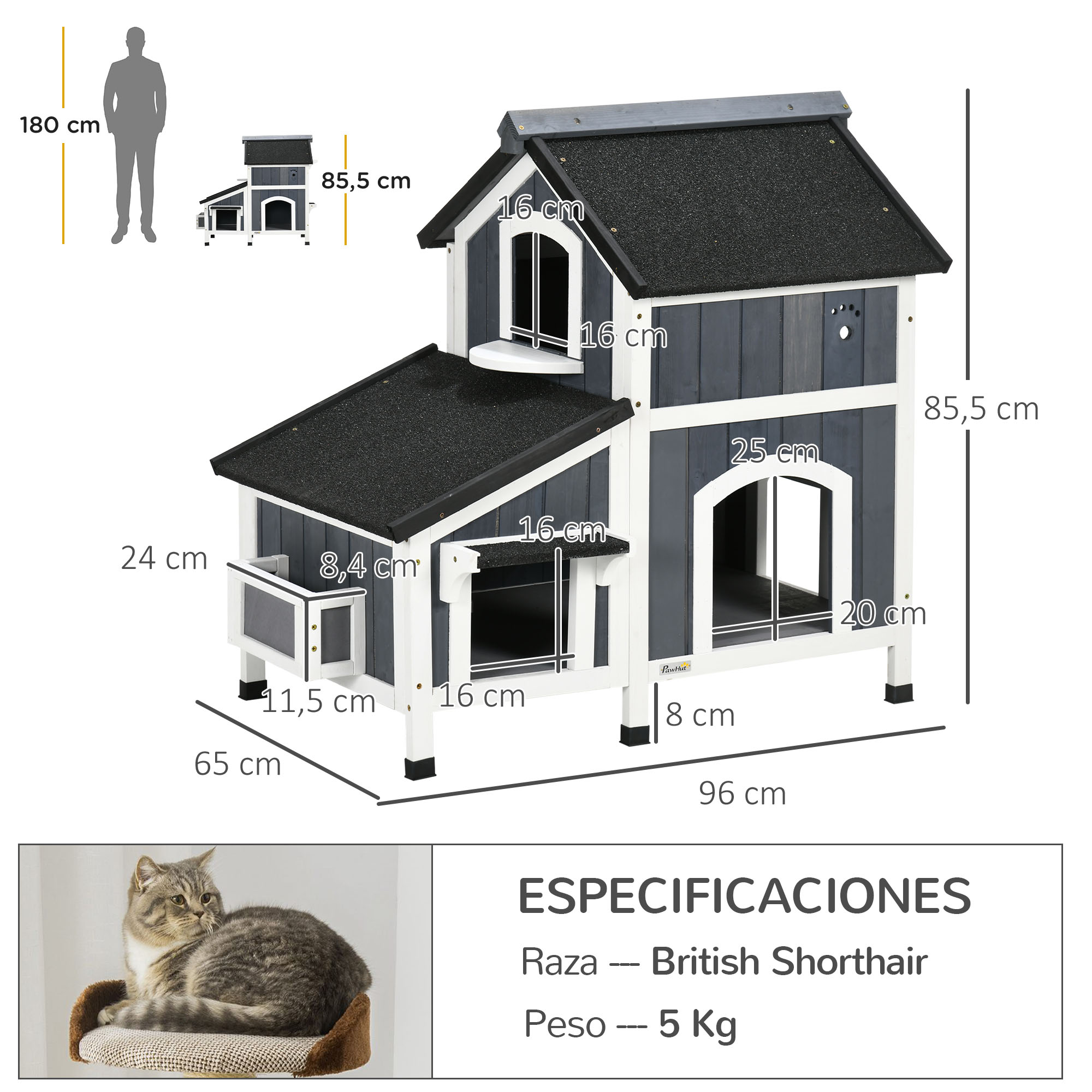 Casinha de madeira para gatos PawHut com vaso de flores, 96x65x85,5 cm, abrigo para gatos de 2 níveis com telhado de asfalto, janela e múltiplas entradas, cinza.