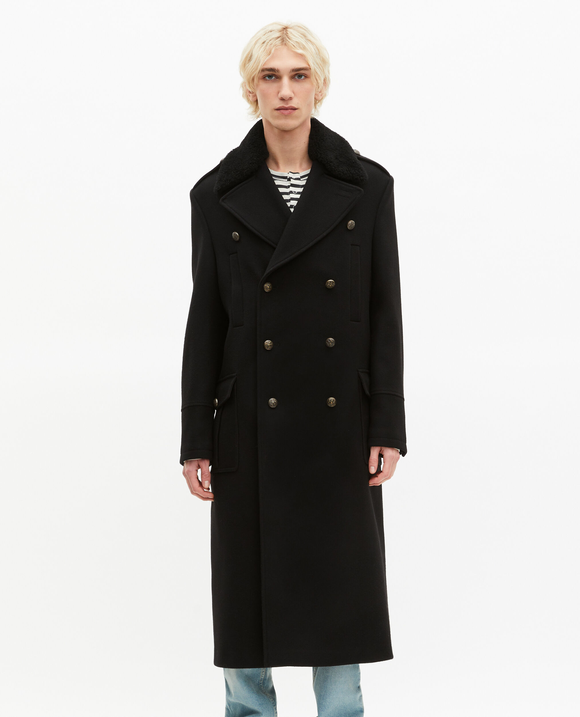 Manteau long en laine col sherpa noir