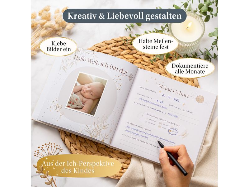 Eulentaler Babyalbum Scandi Gold Leinen, 92 Seiten Liebevoller Erinnerungsschatz fürs erste Babyjahr