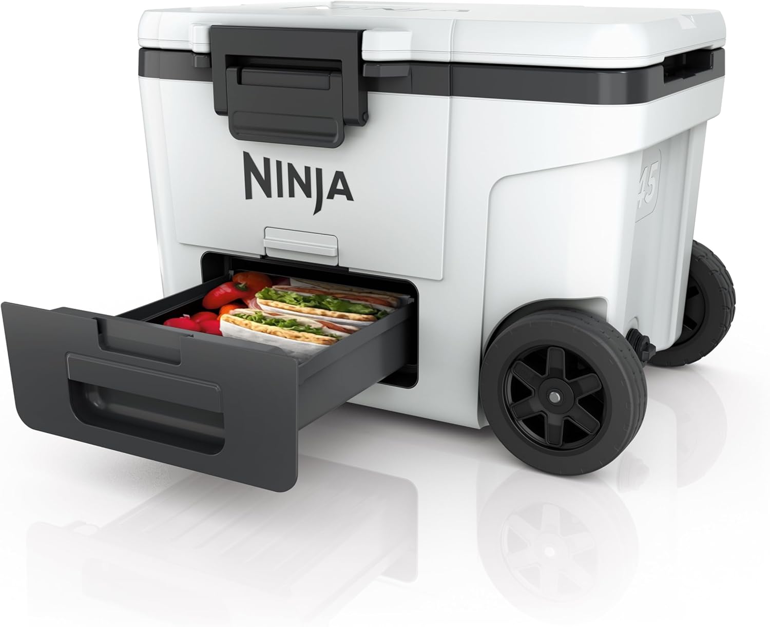 Ninja FrostVault Kühlbox mit Rollen und Isolierung, integrierter Dry Zone Schublade für Lagerung bei Kühlschranktemperatur, hält Eis tagelang, bietet Platz für bis zu 68 Dosen, Wolkenweiß, FB245EUWH