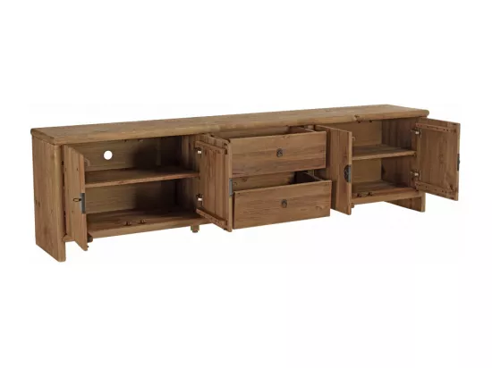ANDRIAN - Meuble TV 2 tiroirs 4 portes, longueur 240cm bois pin recyclé