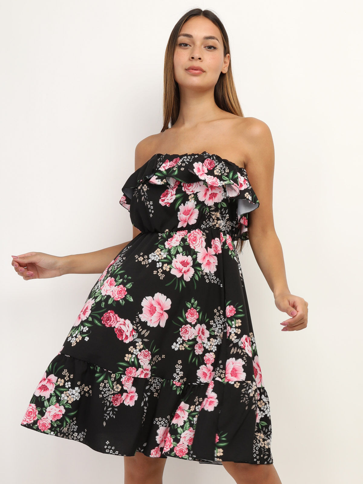 Robe bustier à volants et imprimé fleuri- Noir