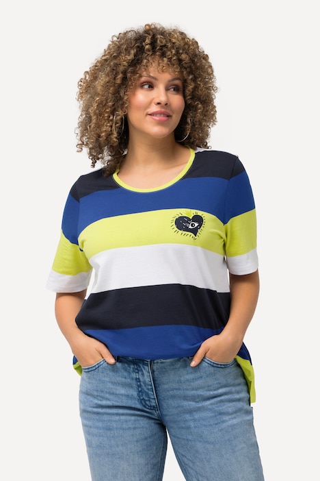 T-Shirt, Ringel, Stickerei, Rundhals, Halbarm