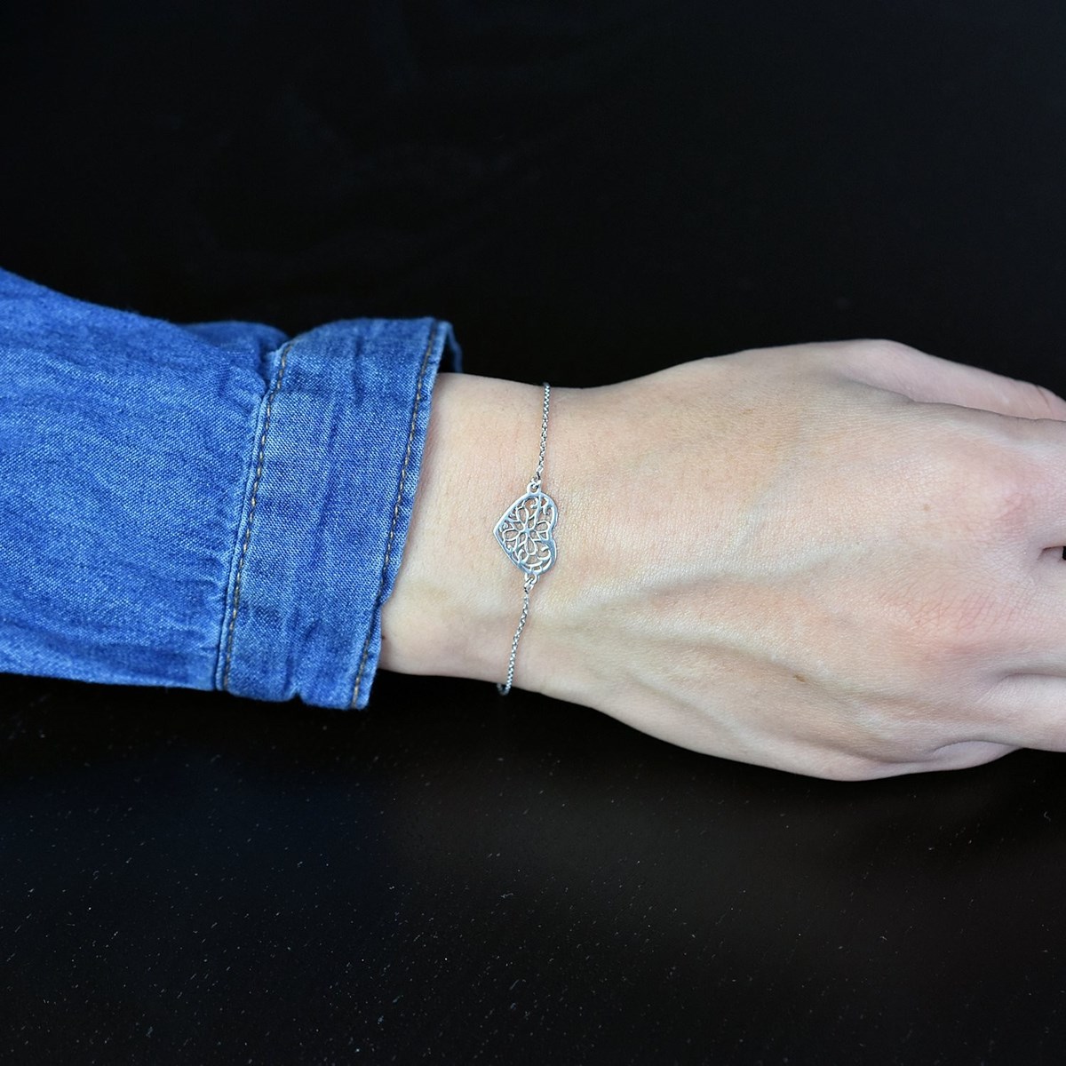 Bracelet coeur ajouré arabesque fleur Argent 925 Rhodié