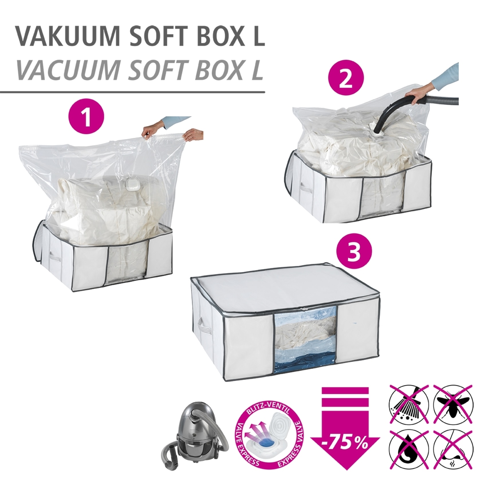 WENKO Unterbettkommode »Vakuum Soft Box L« integrierte Vakuum-Tasche & Blitzventil, bis zu 75 % Platzersparnis