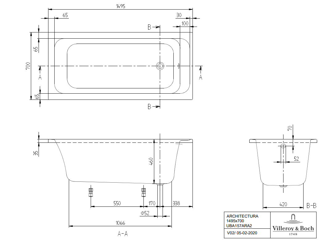 Villeroy & Boch Architectura inbouw ligbad 150x70cm wit