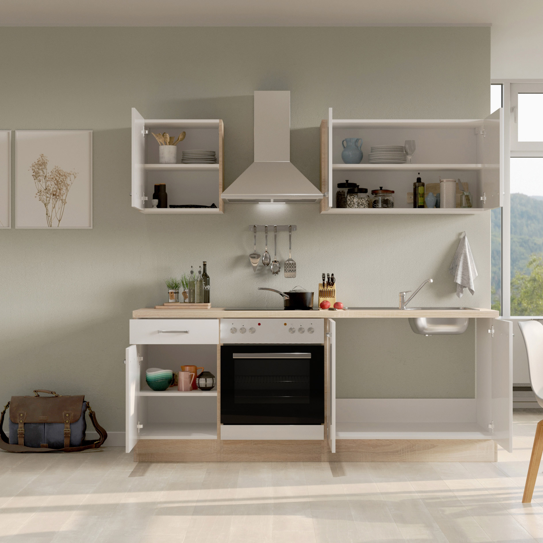 Küchenblock VALERO - weiß Hochglanz - Sonoma Eiche - mit E-Geräten - 210 cm