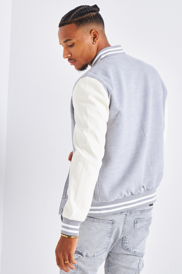 Bomber gris en simili cuir et laine