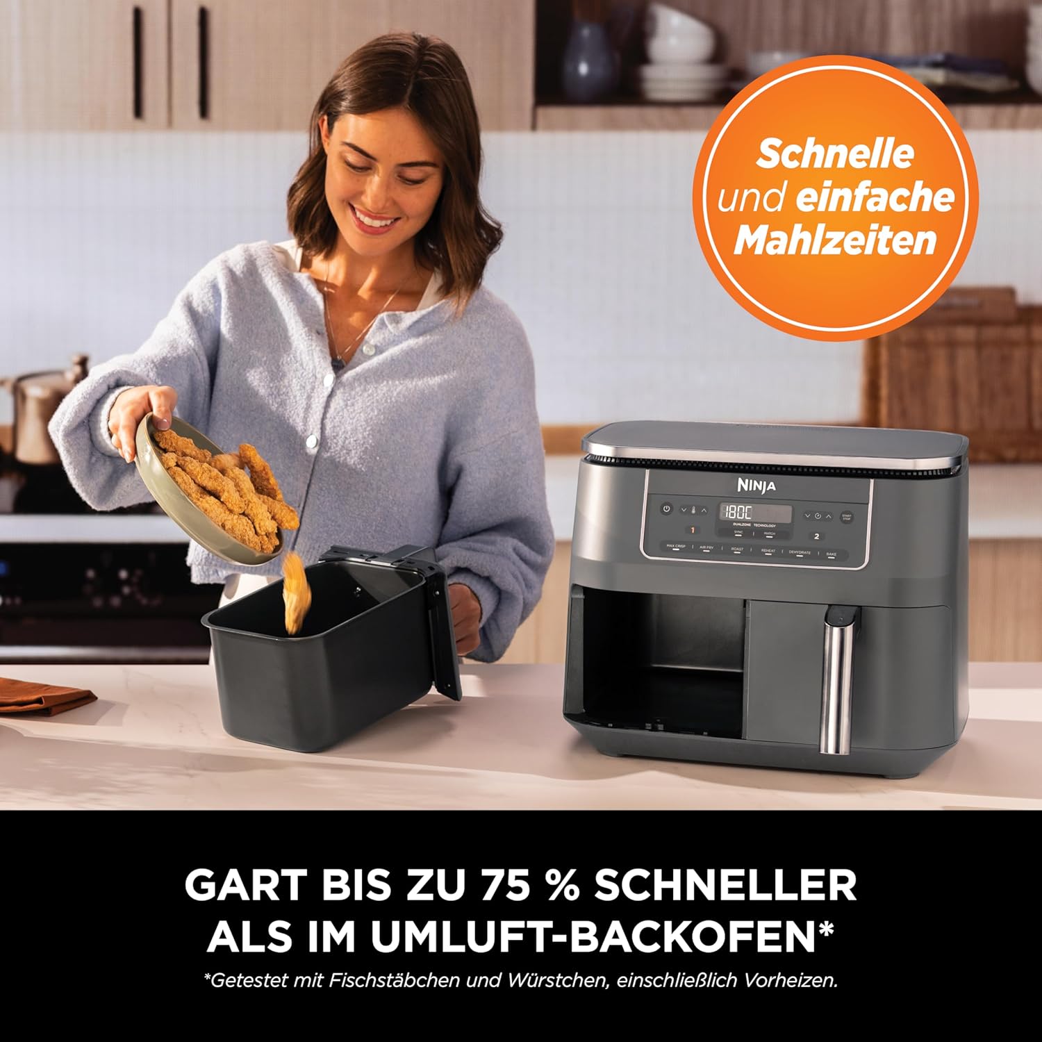 Ninja Dual Zone Digital Air Fryer, 2 Schubladen, 6-in-1, Heißluftfritteuse ohne Öl, 7,6L, Heißluft-Frittieren, Max Crisp, Rösten, Backen, Aufwärmen, Spülmaschinenfeste Körbe, Metallic Grau DZ300EU