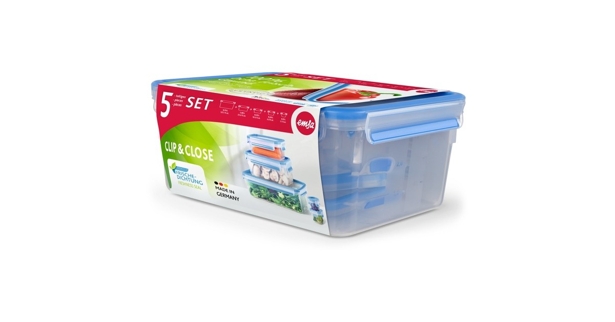 EmsaClip & Close vershoudbakjes, 5-delige set, 0,15 / 0,25 / 0,55 L doos  (Transparant/blauw, 1x rond + 4x rechthoekig)