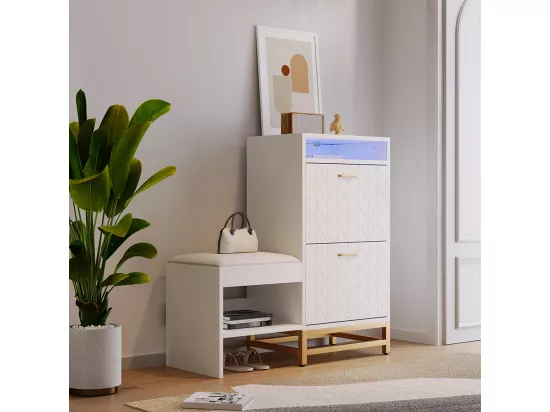 Armoire à chaussures avec 2 couvercles rabattables, banc à chaussures, étagère à chaussures, retourneur de chaussures, avec lumière