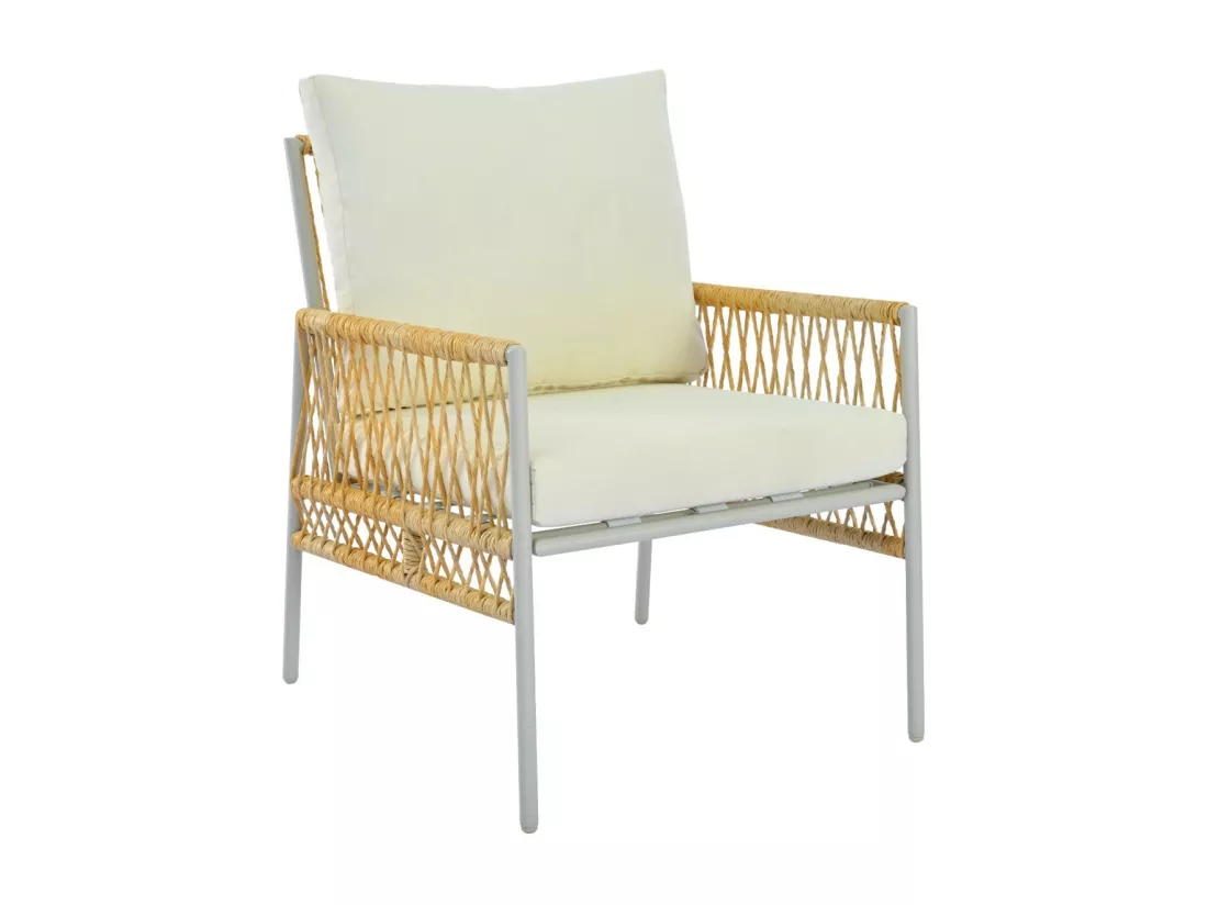 Salon de jardin 7 places, avec Matelas 8cm et oreiller, table basse avec verre durci grain de bois, Beige
