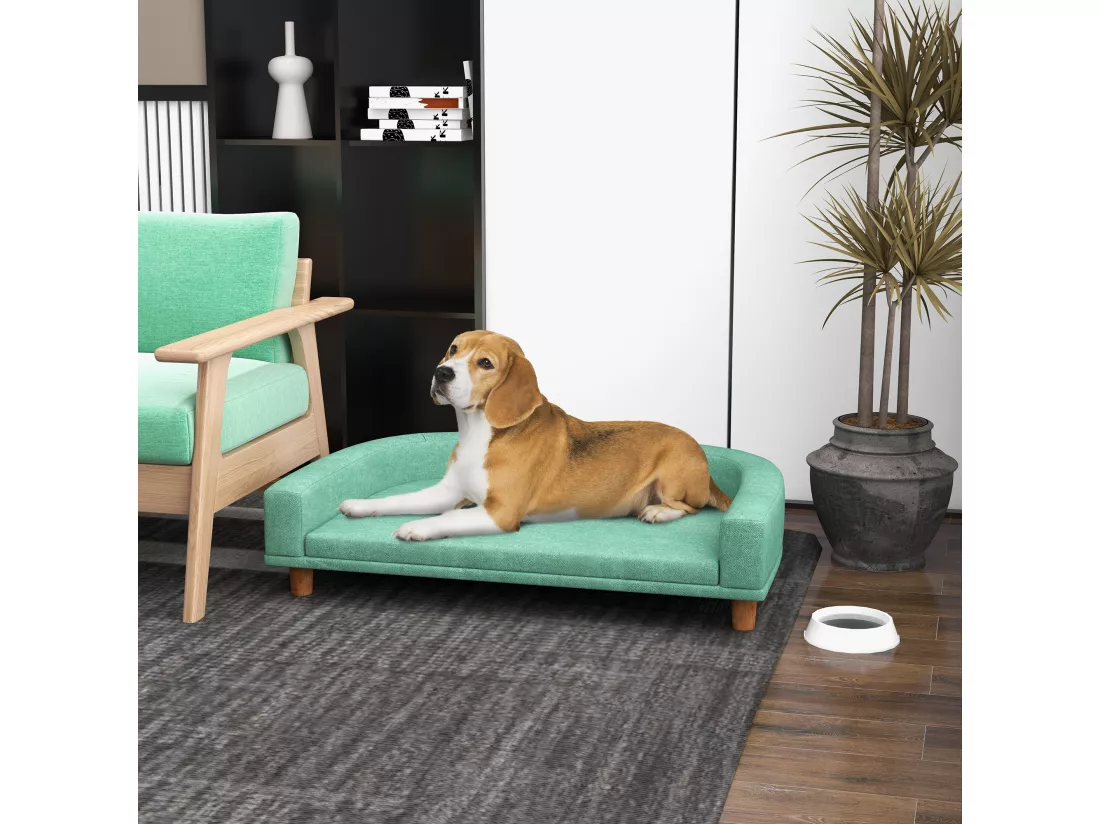 Canapé chien lit pour chien design scandinave coussin déhoussable dim 98L x 67l x 25H cm pieds bois tissu polyester vert