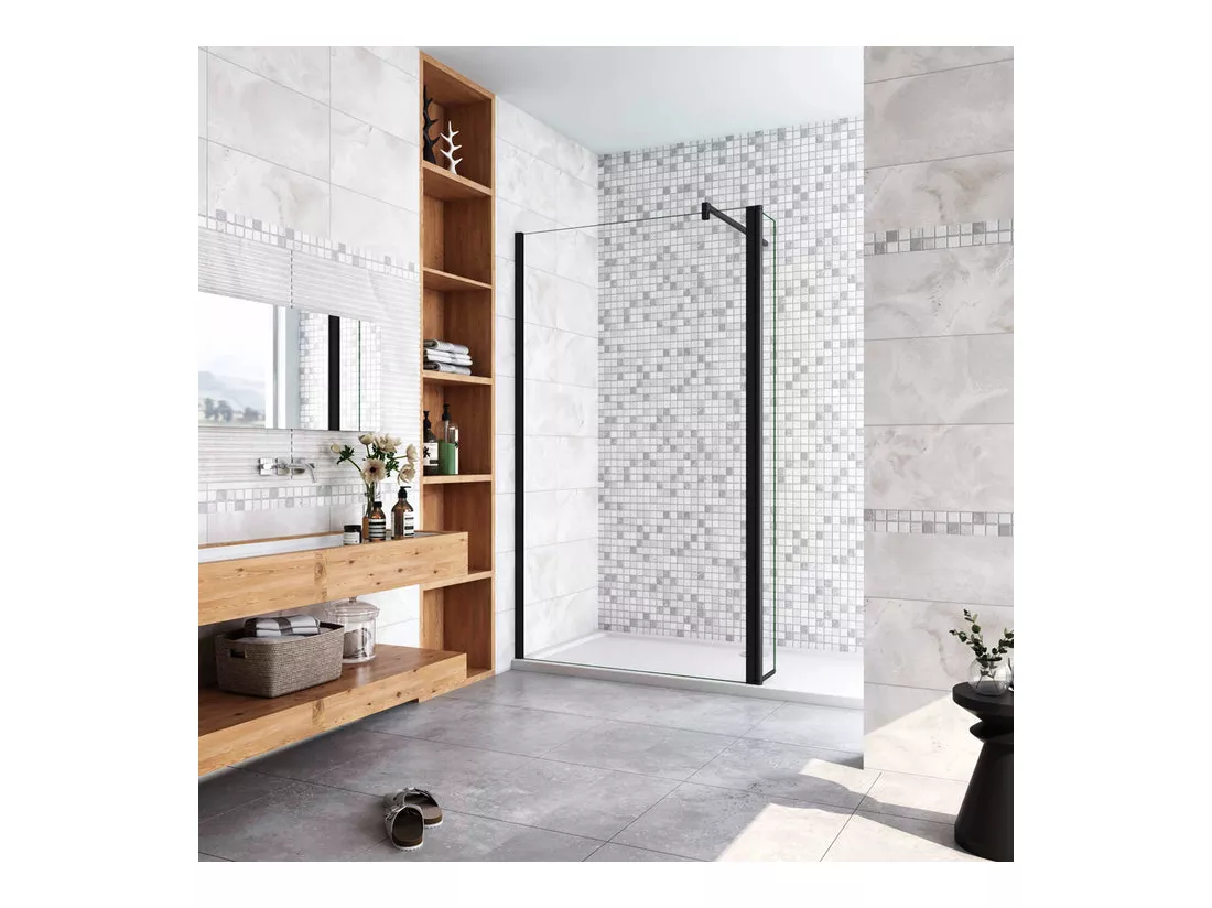 Paroi de douche à l'italienne avec retour pivotant 110+40x200cm avec barre de fixation 140cm en carré - Noir Mat - 8mm verre anticalcaire