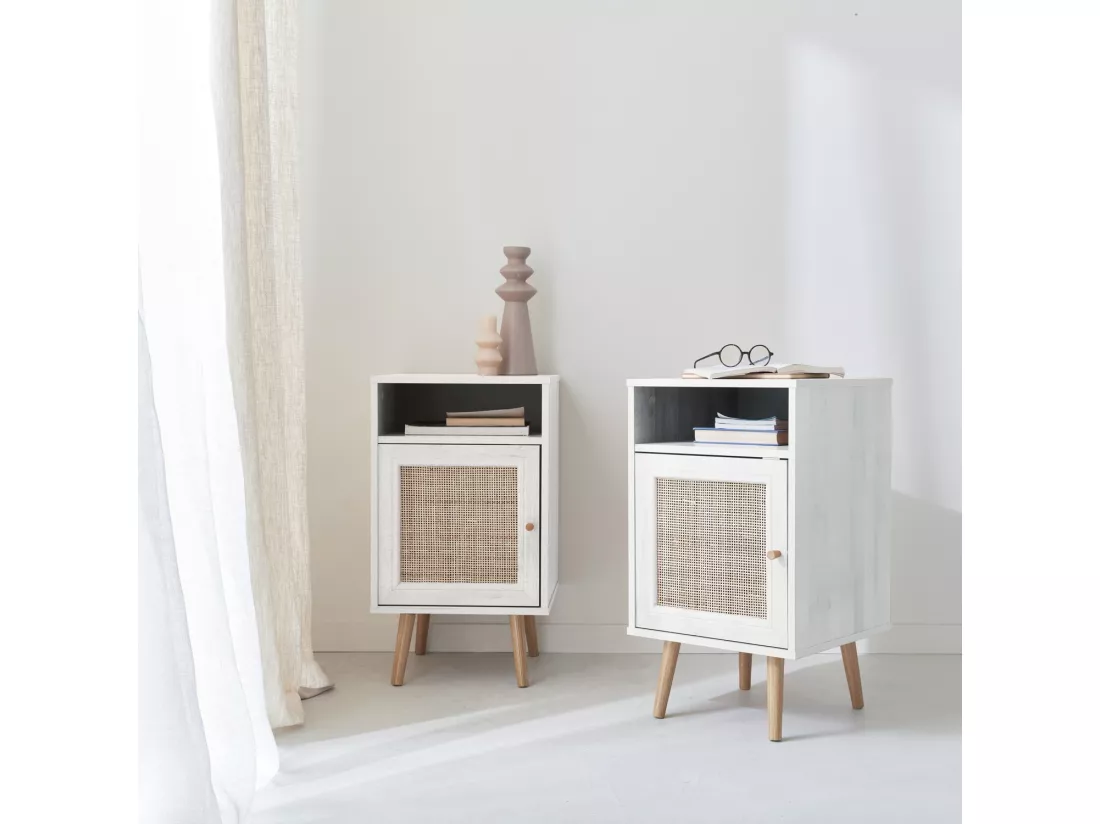 Lot de 2 tables de chevet en cannage - Bohème - 40x39x65.8cm Blanc - 2 niveaux - 1 portes - 1 espace de rangement - pieds scandinaves