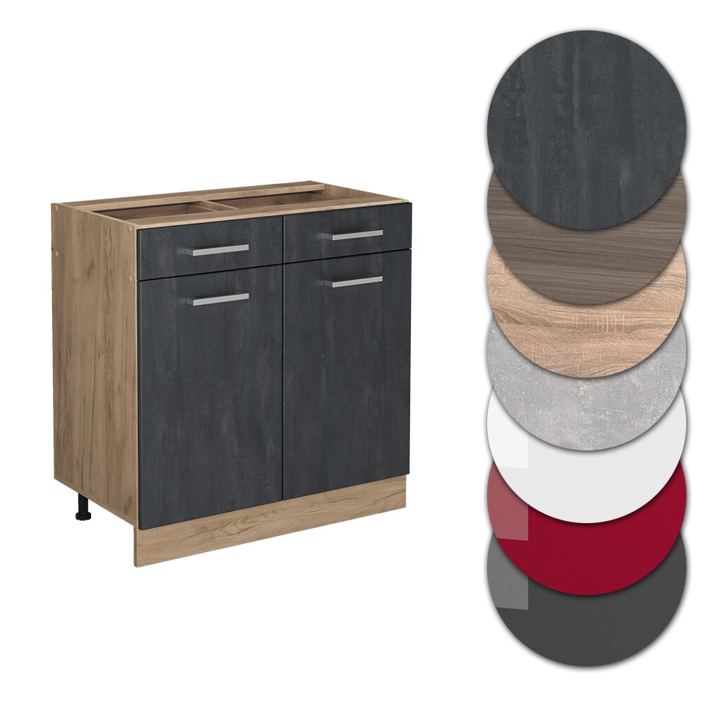 Vicco Schubunterschrank R-Line Schwarz Beton Eiche 80 cm mit Arbeitsplatte Weiß Marmor