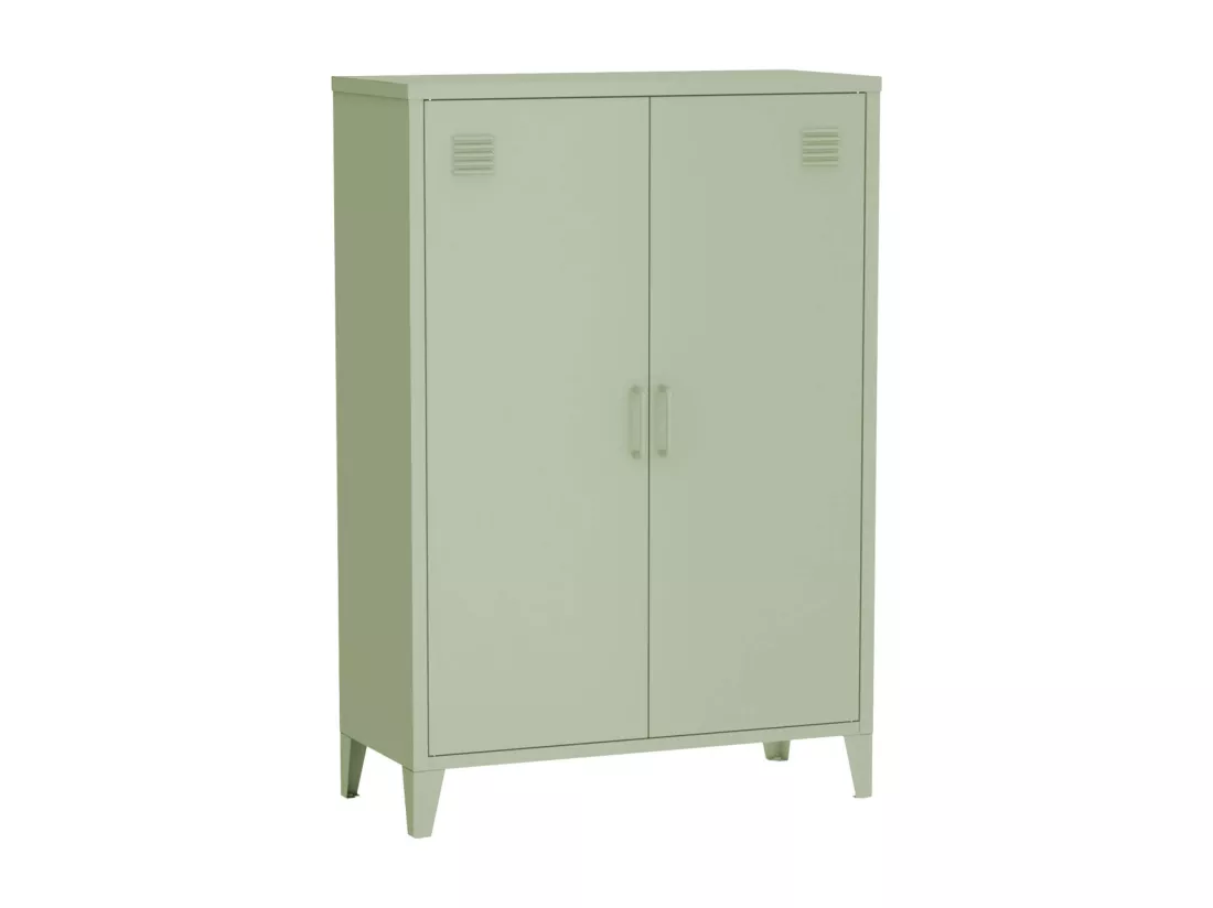 Commode/armoire en métal vert. 2 espaces de rangement. casiers
