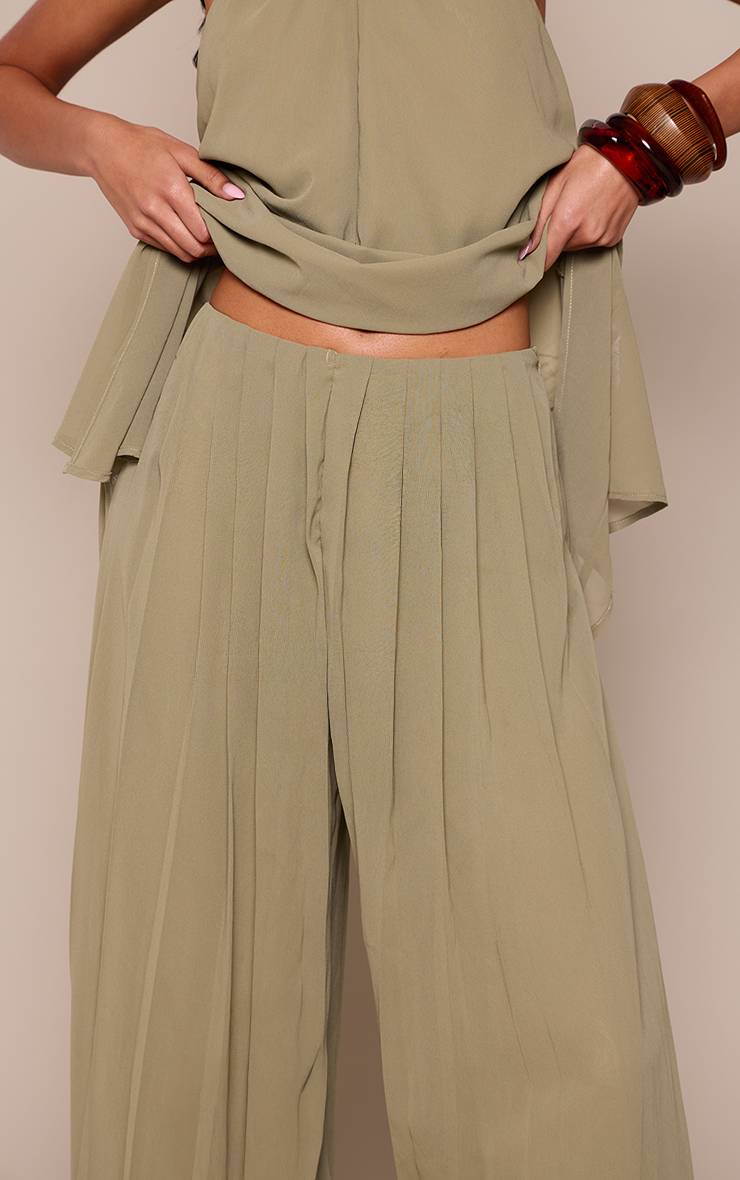 Vert Olive Pantalon Plissé Fluide Taille Haute Ensemble Coordonné