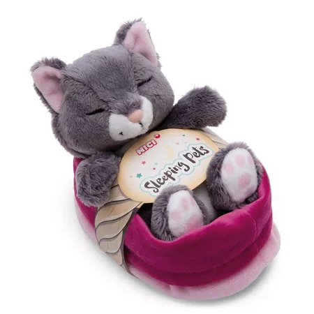 NICI Kuscheltier Katze grau 12cm schlafend im Körbchen rosa GREEN
