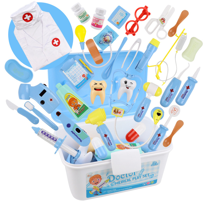 (35-tlg. Set) Kinder Spielzeug Zahnarzt Koffer Doktor Zubehör Lern Spielset mit Stethoskop / Thermometer / Infusion