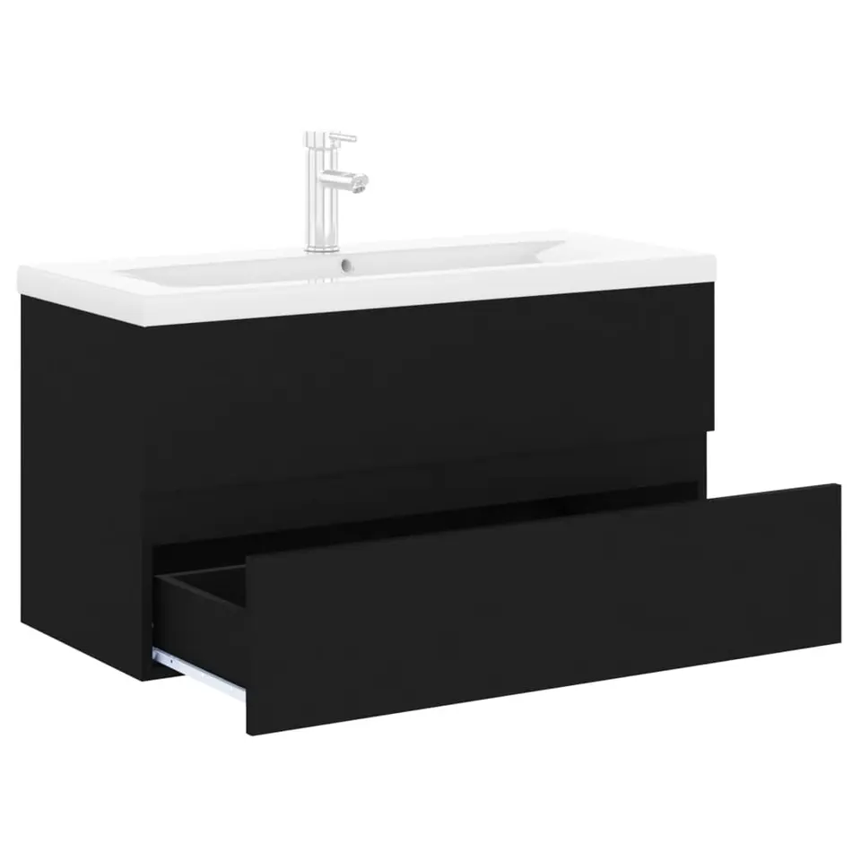 vidaXL - Wastafelkast En Wastafel - Zwart - Bewerkt hout - 90 x 38.5 x 45 cm