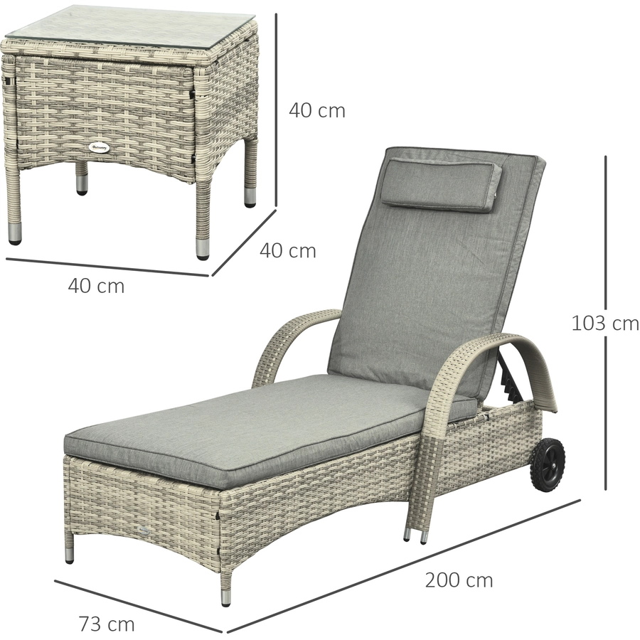 Outsunny Rattan Sonnenliegen mit Tisch grau