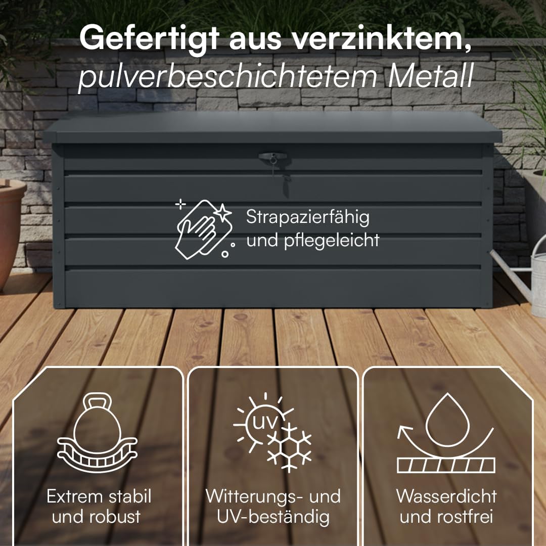 STEELSØN Dorado Gartenbox aus verzinktem Metall 600 Liter – Outdoor Box wasserdicht Anthrazit – Auflagenbox abschließbar mit klappbarem Deckel – Aufbewahrungsbox Garten/Balkon/Terrasse 165x70x63 cm