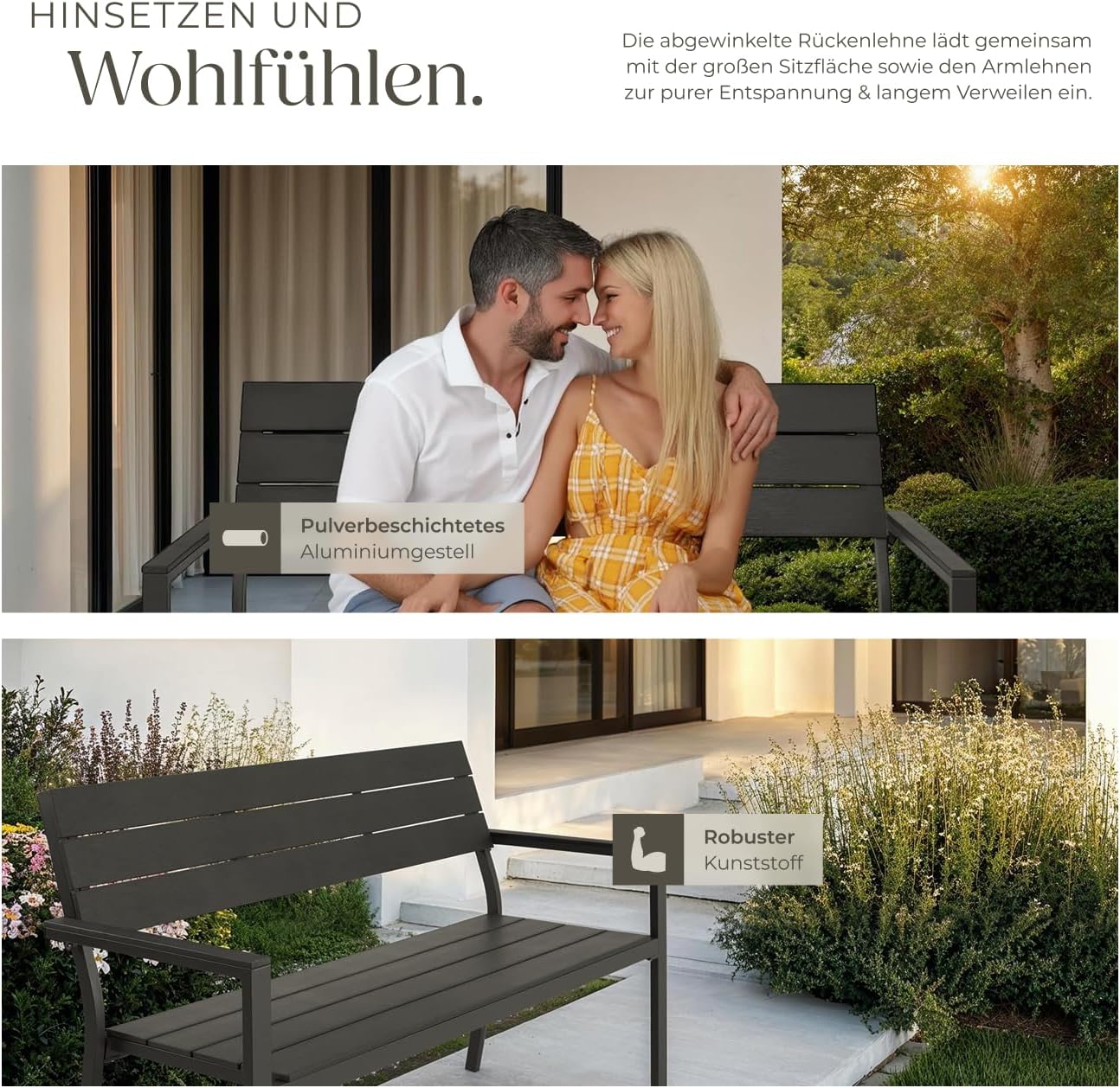 tectake® Gartenbank, Bank in Holzoptik, Parkbank als Gartenmöbel, Balkonbank Sitzbank für Wintergarten, Terrasse, Garten bis 250 kg belastbar, 2-Sitzer Parkbank, 128 x 59 x 88 cm - dunkelgrau