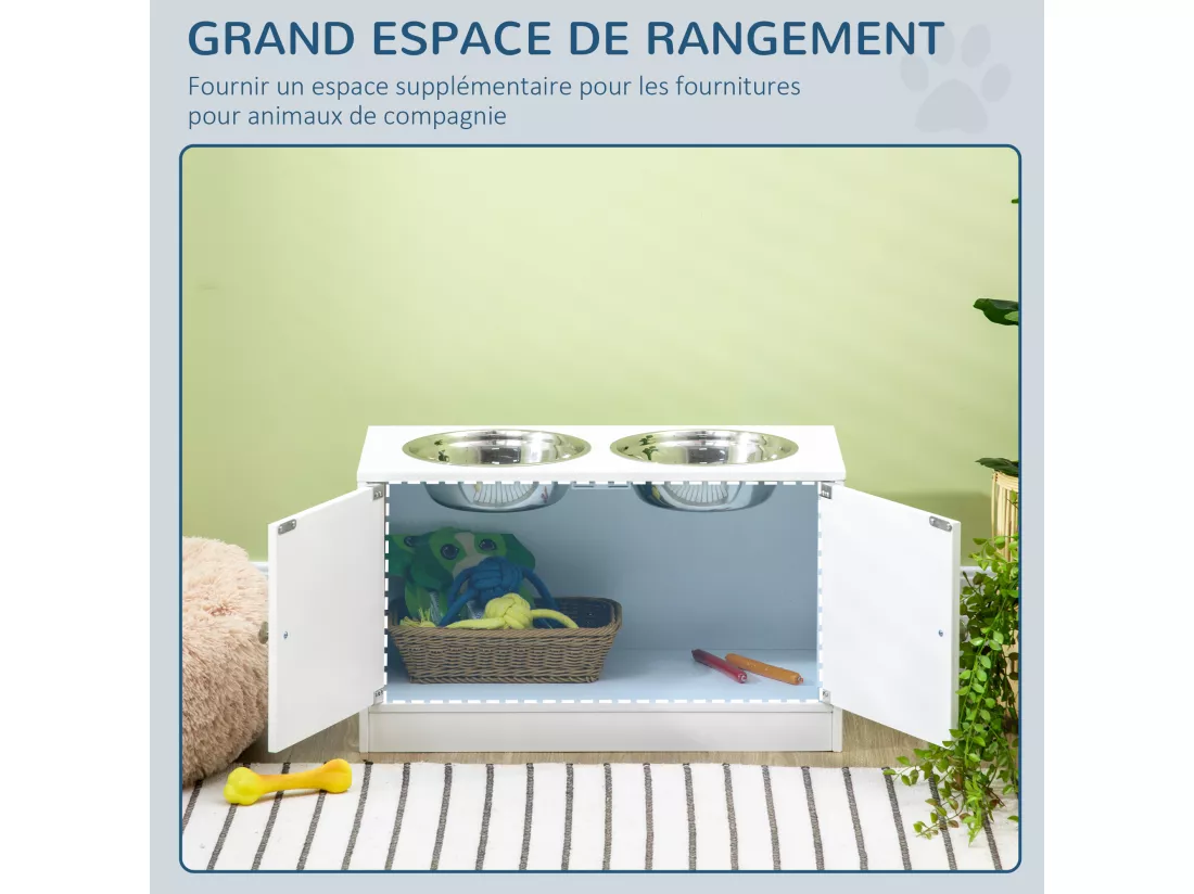 Gamelle double chien chat - porte-gamelles surélevé armoire 2 en 1 - 2 portes, 2 gamelles - acier inox. MDF blanc
