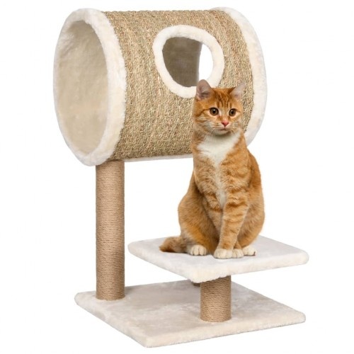 Arranhador bege para gatos com túnel e plataforma.