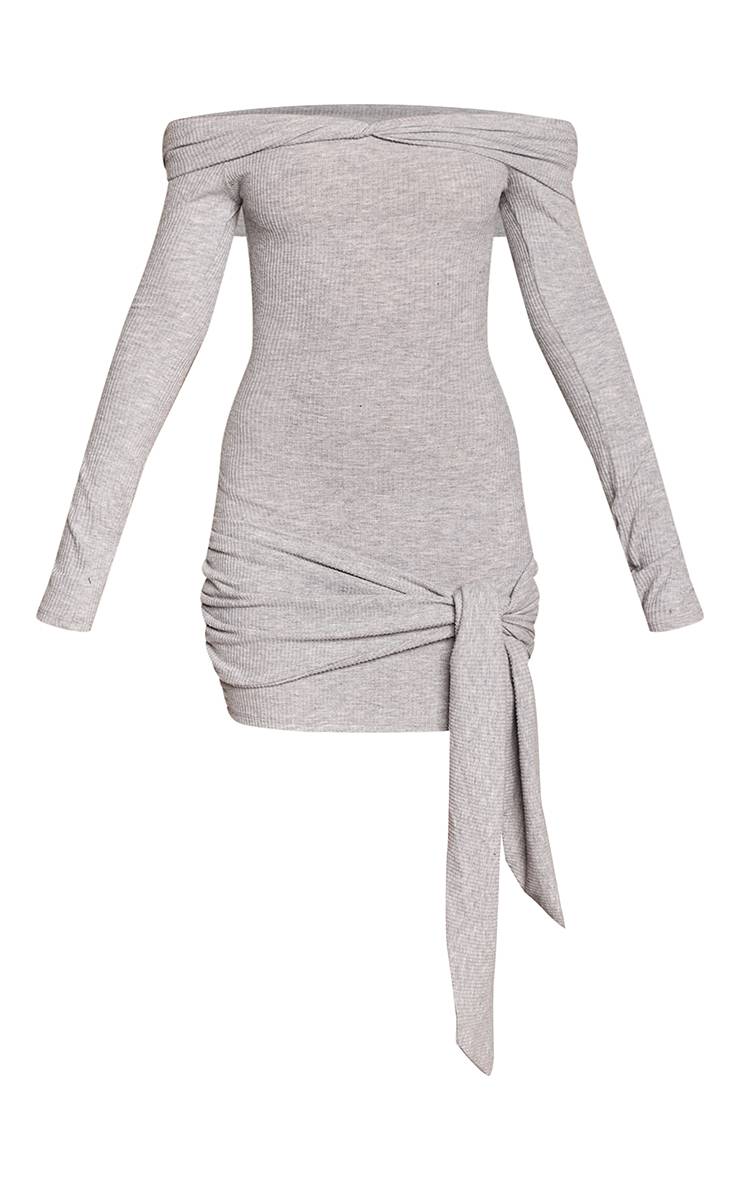 Gris Robe Moulante Côtelée À Détail Cache-cœur Et Encolure Bardot