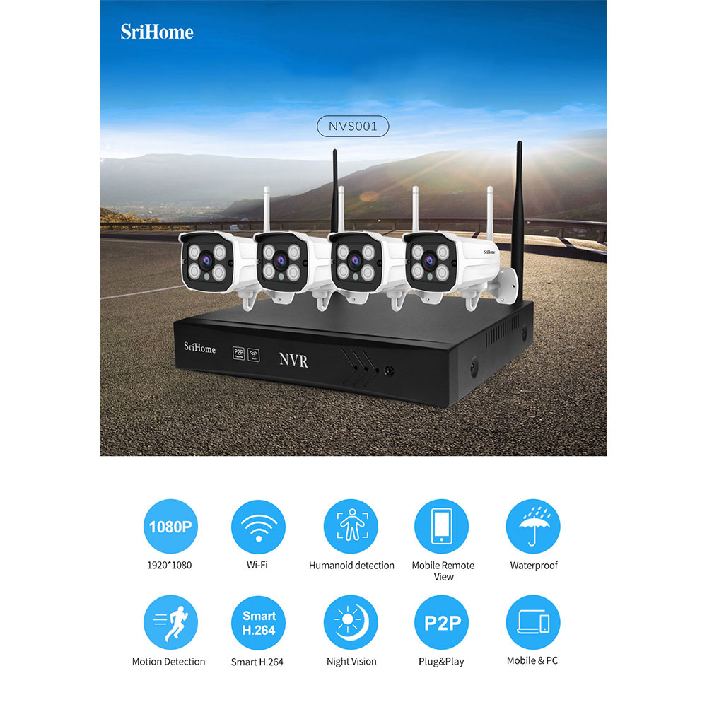 (2MP) 4x WiFi Internet IP NVR Überwachungskamera HD 1080p IR LED's Nachtsicht & Bewegungserkennung / AP / Audio / IP66 (iOS/Android)
