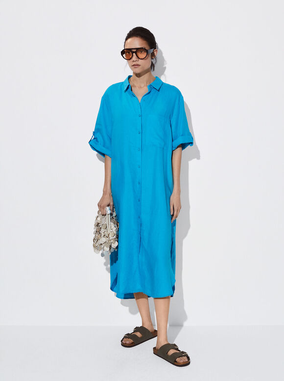Vestido camisa de linho - Azul