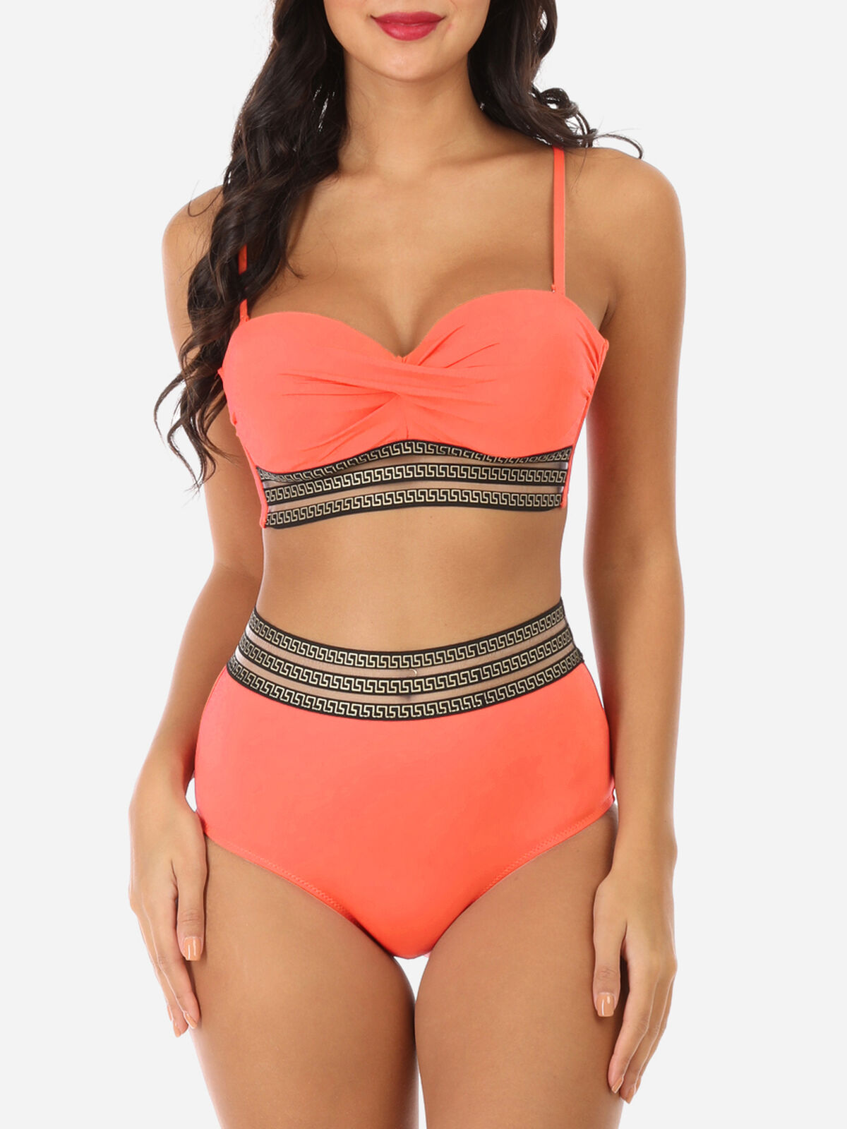 Maillot de bain 2 pièces à motif Grecque- Corail