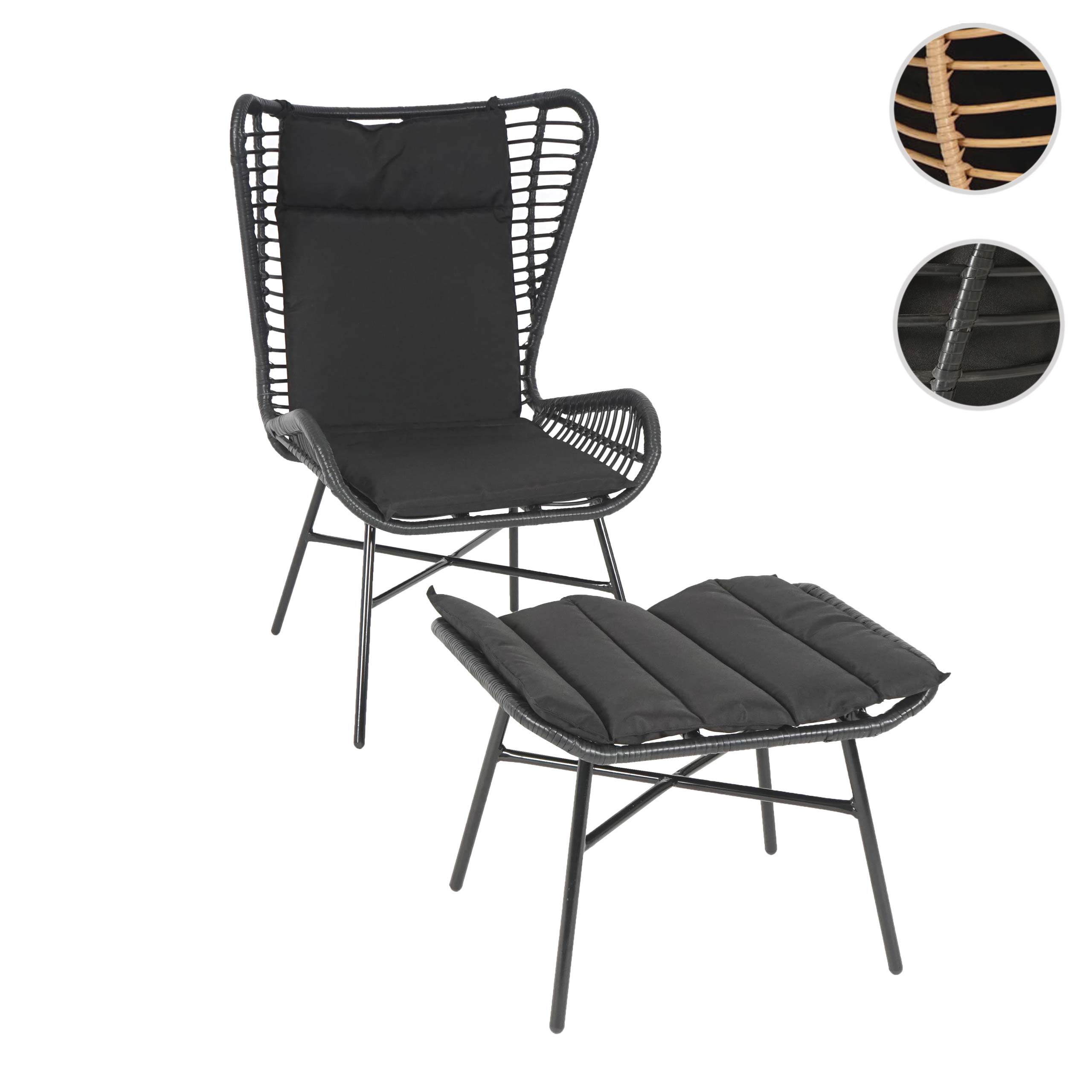 Poly-Rattan Set MCW-G17b, Balkon-Set Gartengarnitur Sitzgruppe Stuhl+Hocker Sessel, Seil ~ anthrazit, Kissen anthrazit