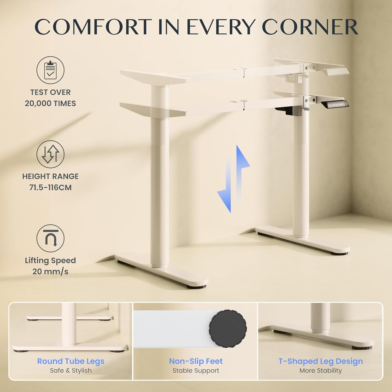 FLEXISPOT CylineX Höhenverstellbarer Schreibtisch – mit elegant abgerundeten Tischbeinen (runde Form), harmonisches Design, 71–118 cm Höhe, 80 kg Tragkraft, Anti-Kollisionsschutz (Frost)