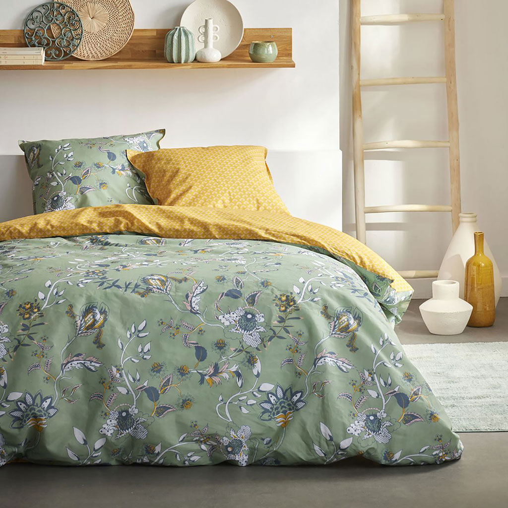 Parure housse de couette Sunshine kaki et jaune 200x200cm
