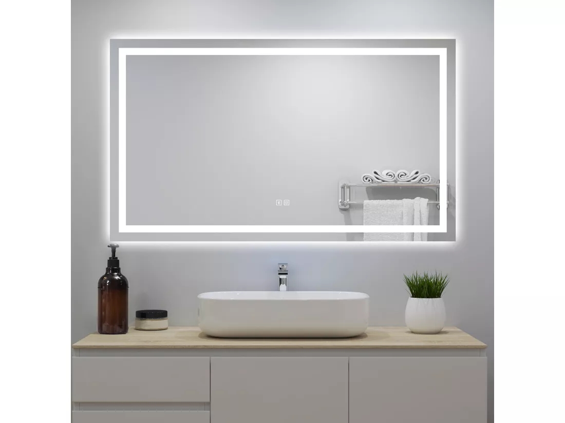 Miroir lumineux avec Bluetooth 80x60cm, Miroir de salle de bain avec anti-buée + 3 Couleurs + Dimmable, Miroir mural IP44 rectangulaire