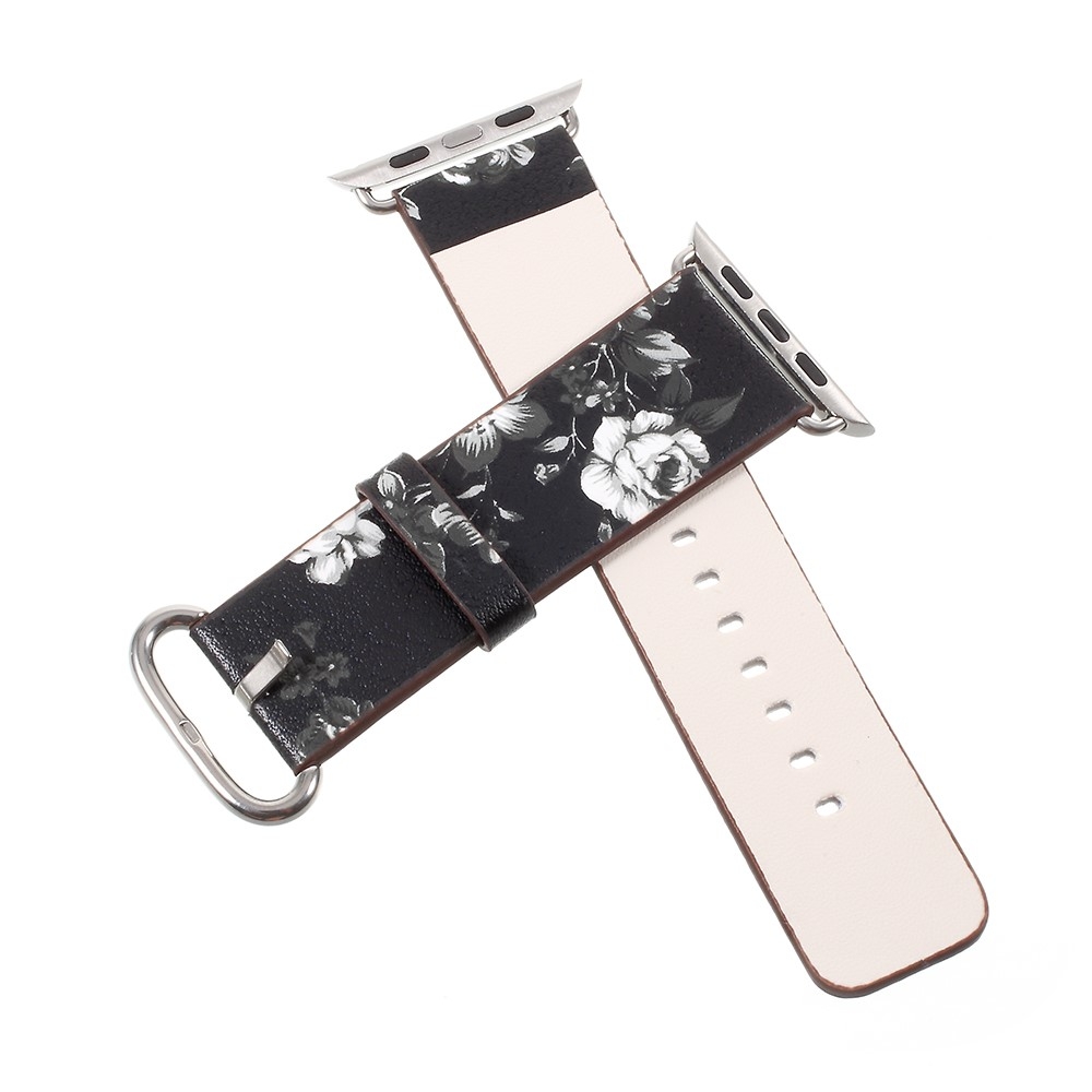 Apple Watch (49/46/45/44 mm) Ersatz Leder Armband Graue Blumen - Schwarz