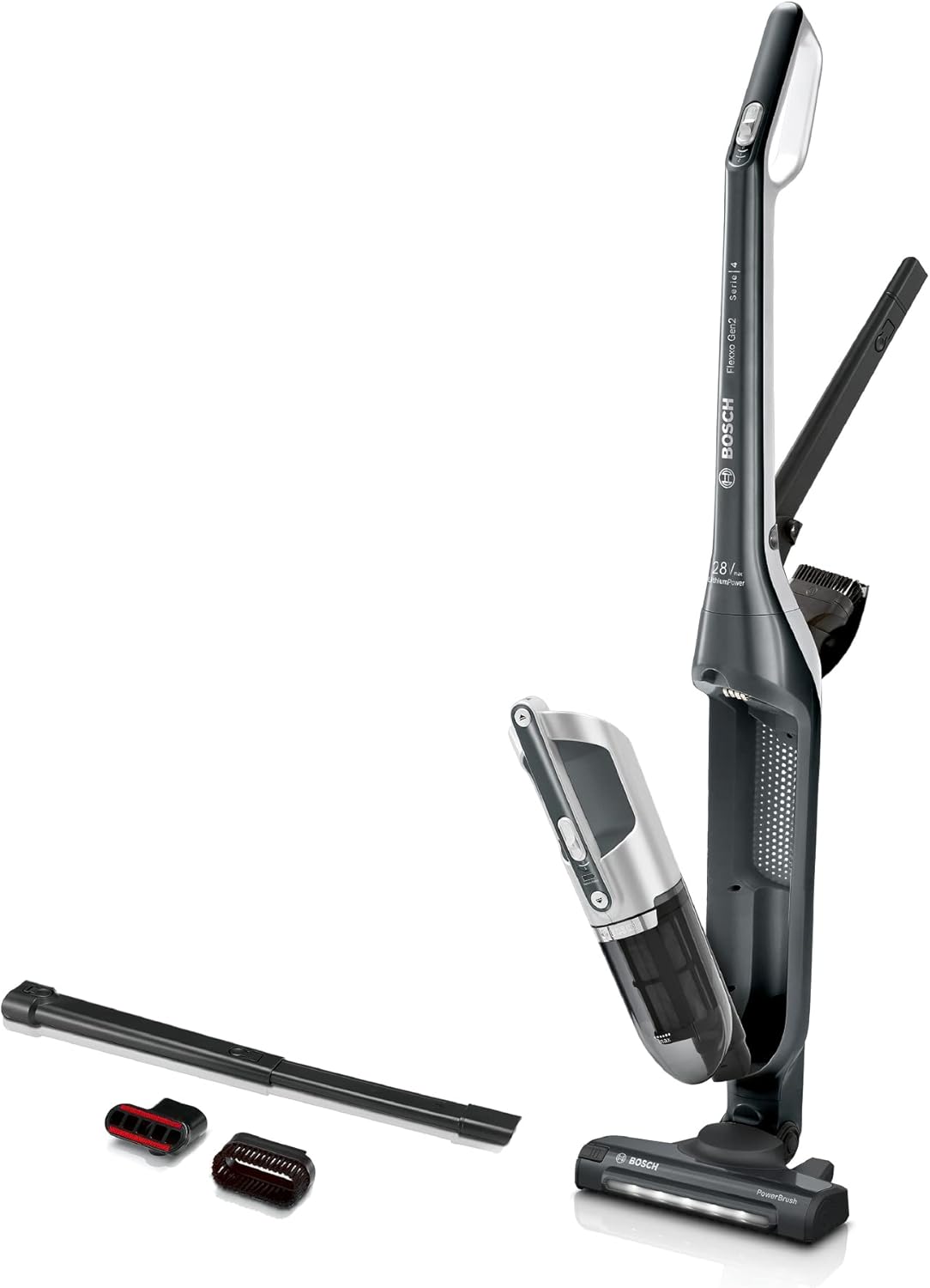 Bosch Akku-Staubsauger Flexxo 2in1 Serie 4 BBH3P280, kabelloser Handstaubsauger, beutellos, hohe Saugleistung, lange Laufzeit, Düse mit LED Beleuchtung, alle Bodenarten, dunkelgrau