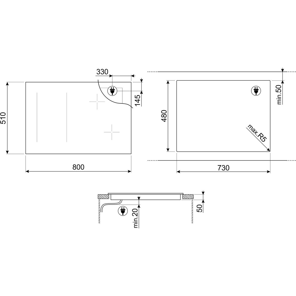 SIM3844D Innbyggingskoketopp 80 cm, svart
