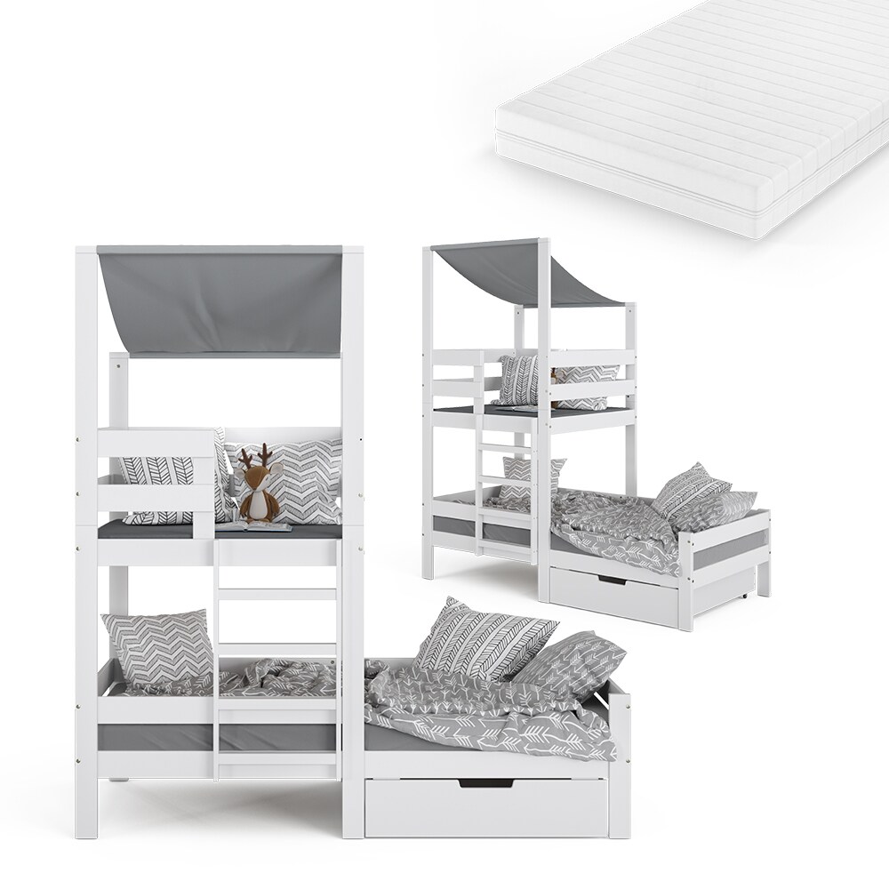 VitaliSpa Spielturmbett Kinderbett Spielbett Tom Weiß modern 204x218 cm Massivholz Kinderzimmer Lattenrost Bettleiter Bett Schublade Matratze Abenteuerbett Kletterbett