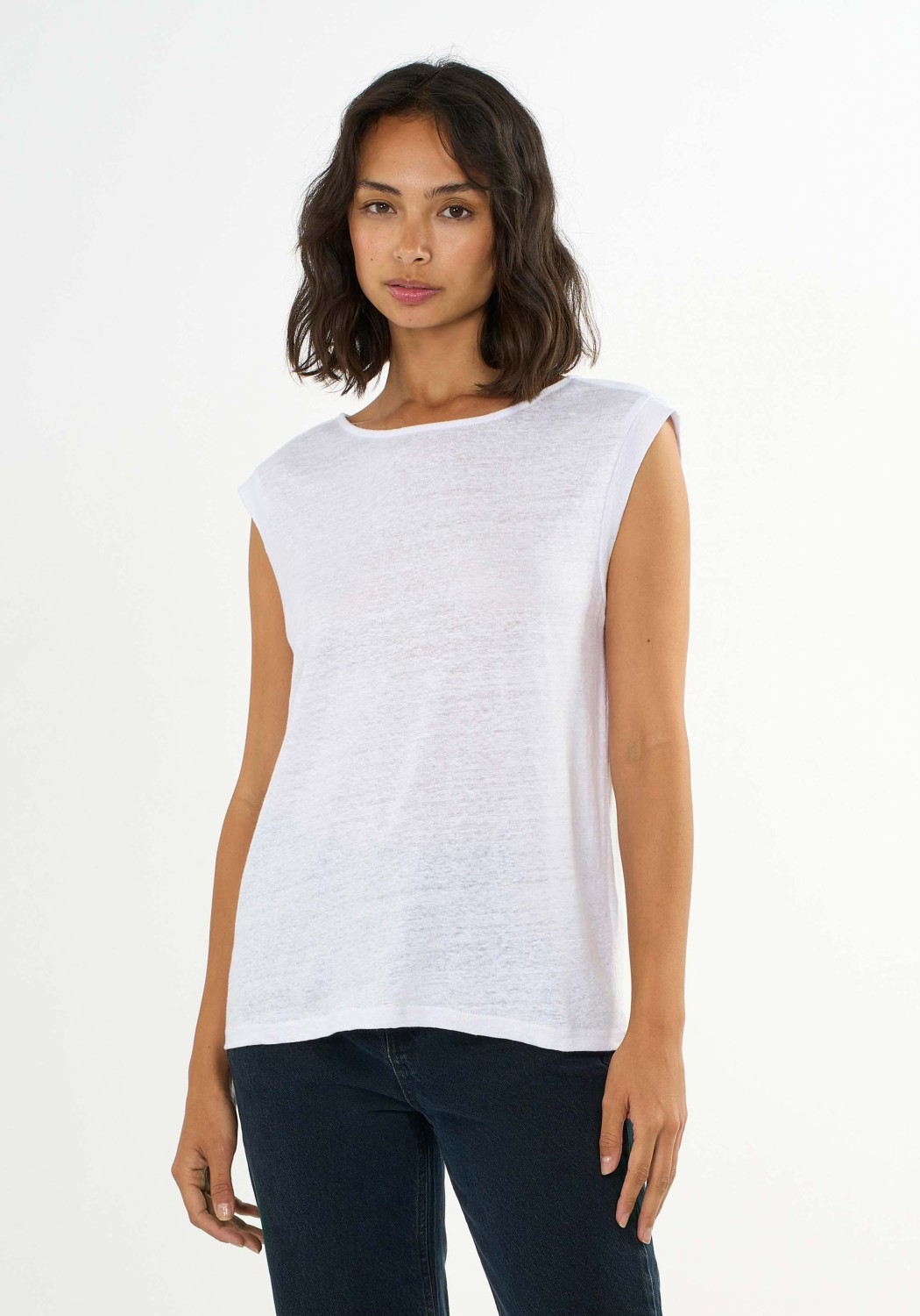 Knowledge Cotton Apparel Leinen-T-Shirt Loose Fold Up Bright White