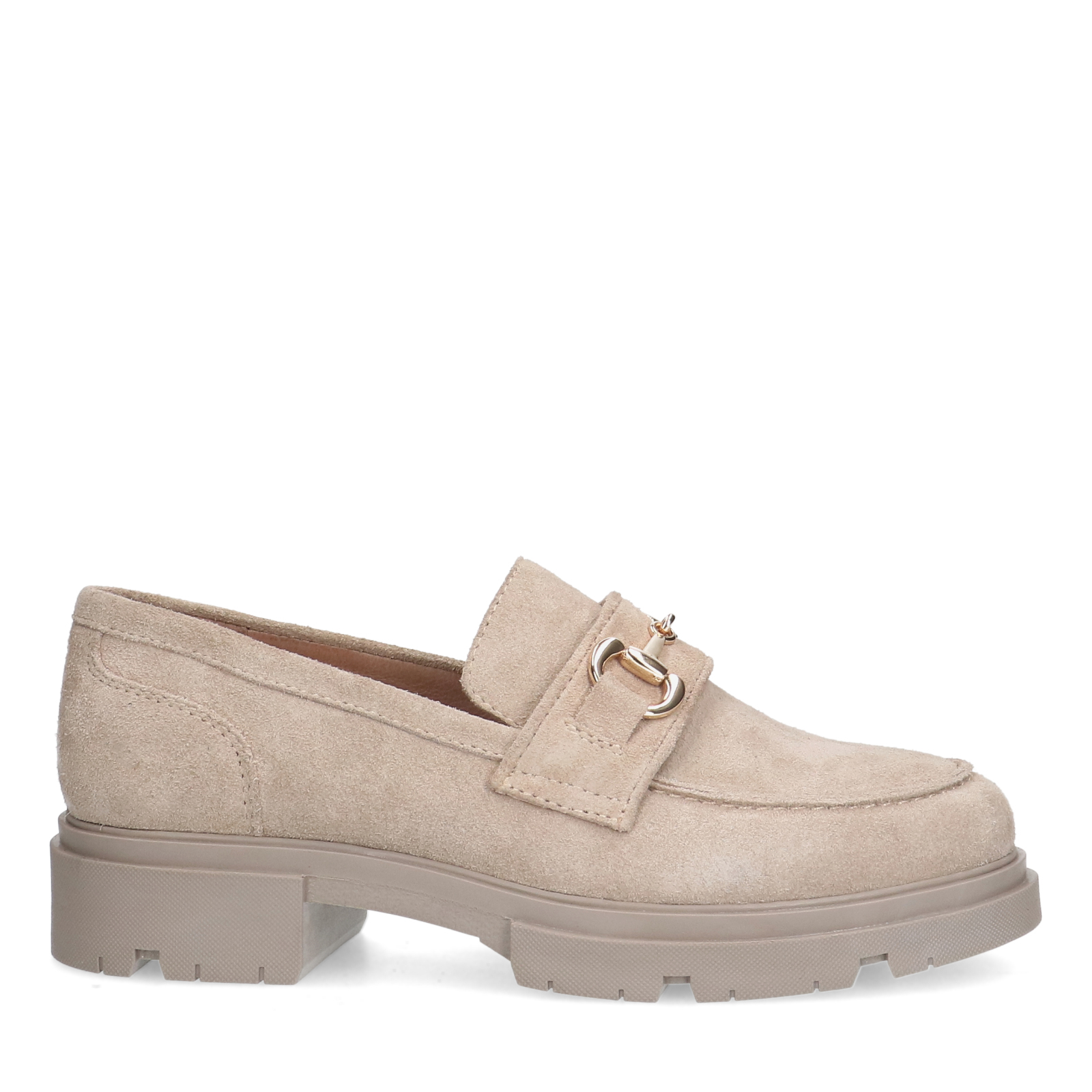Beige suède loafers met goudkleurige details