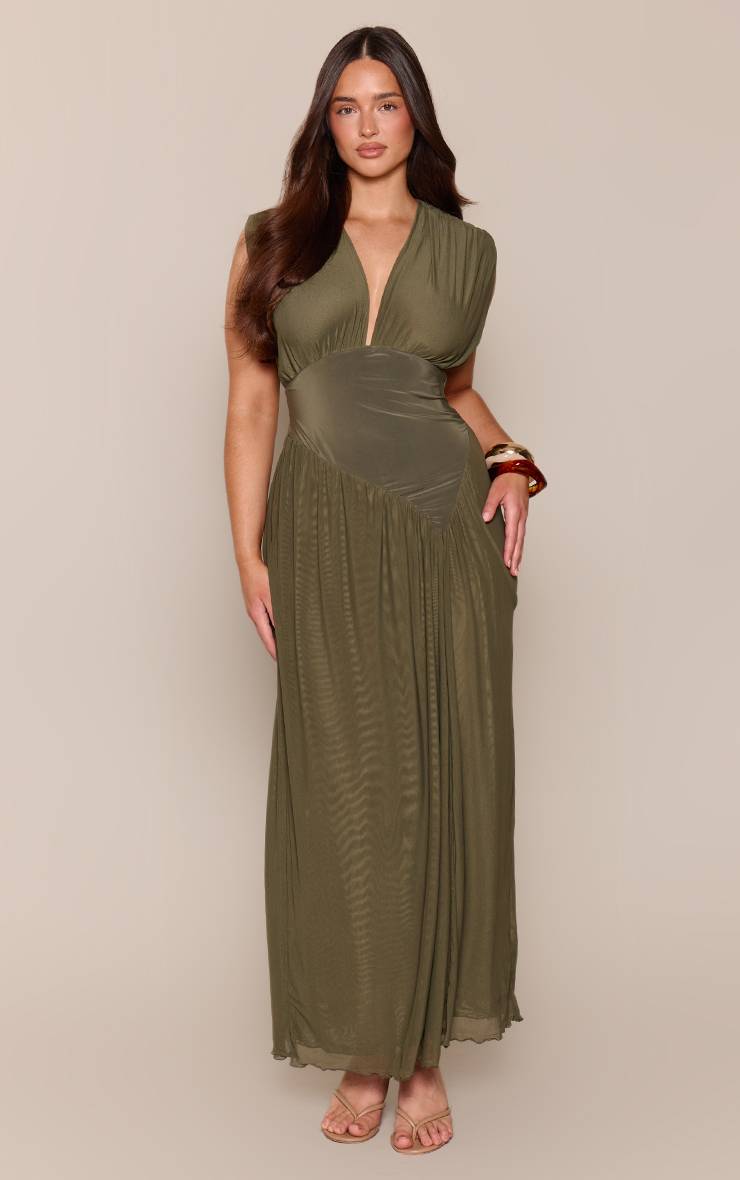 Vert Olive Foncé Robe Maxi Moulante À Décolleté Plongeant En Mesh Olive Profond