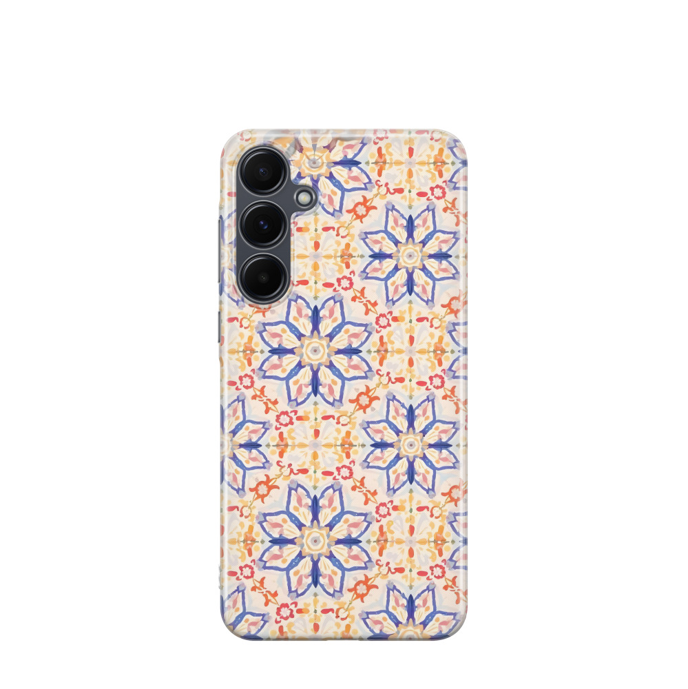 Samsung Galaxy A55 Gummi Hülle Majolika-Aquarellblüte - Blau / Gelb / Rot
