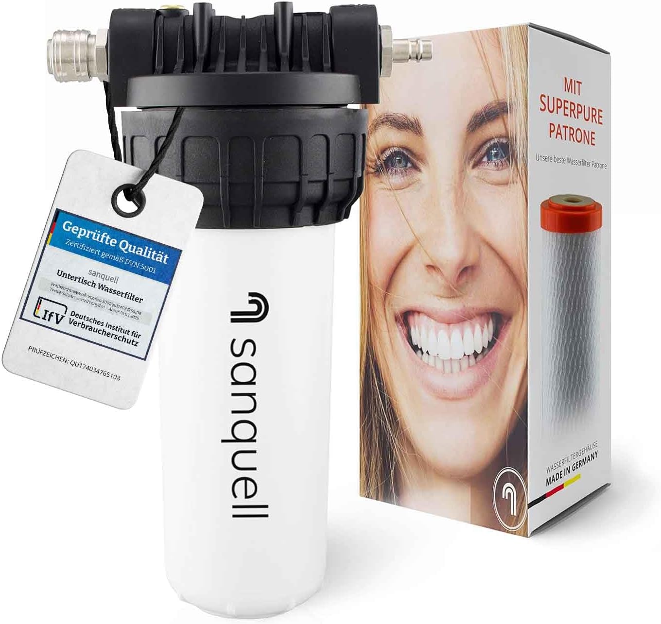 Premium Untertisch Wasserfilter, 8 Liter/Minute, entfernt 100 Schadstoffe, hohe Kapazität, kein separater Wasserhahn nötig, nachhaltiges Design, Made in Germany